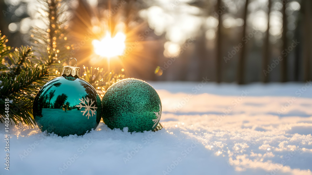 Two Green Christmas Balls in Snow at Sunset in Winter Season with Snowy Background