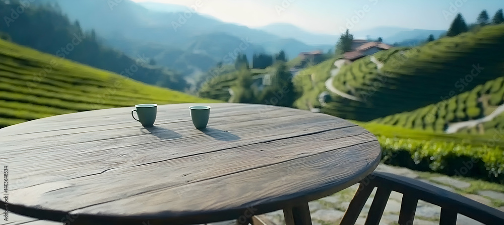 Two Green Cups on Round Wooden Table with Tea Plantation Hills Background in Warm Sunlight