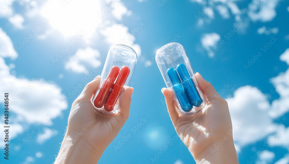 Two Hands Holding Red and Blue Capsules Against a Bright Sky with Clouds Represents Healthcare and Medicine
