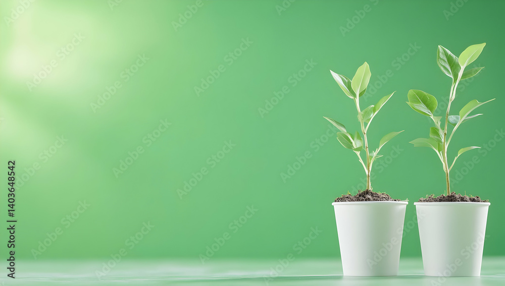Two Green Seedlings in White Cups on Light Green Background Symbolizing New Growth