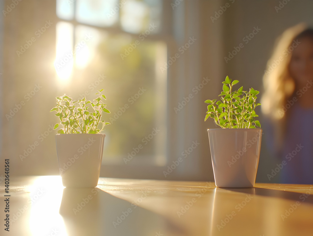Two Green Seedlings in White Pots on Wooden Table with Girl and Window at Background Bathed in Warm Sunlight