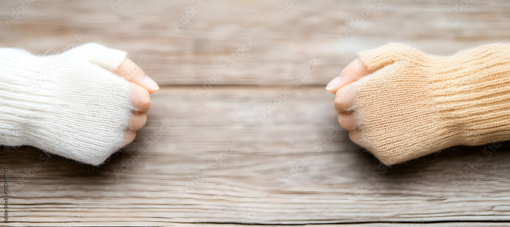 Two Hands Wearing Fingerless Knit Wool Gloves on Wooden Background