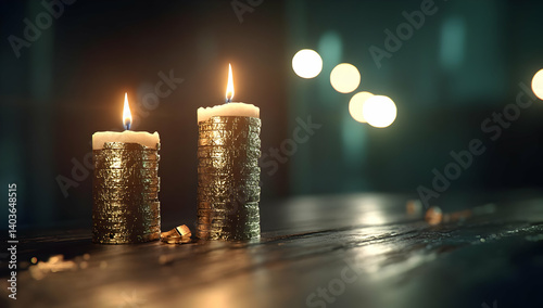 Obraz na płótnie Two Golden Candles Lit on a Dark Wooden Table Creating a Warm and Festive Atmosphere with Bokeh Lights w salonie