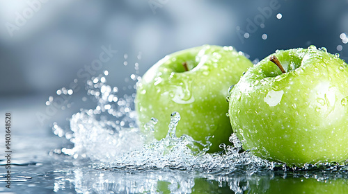 Obraz na płótnie Two Green Apples Splashing with Water on a Reflective Surface Against Soft Bokeh Background in Studio w salonie