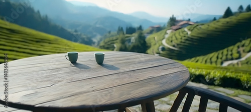 Obraz na płótnie Two Green Cups on Round Wooden Table with Tea Plantation Hills Background in Warm Sunlight w salonie