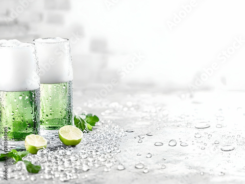 Two Glasses of Cold Beer with Lime and Mint Garnish on a White Background with Water Droplets and Artificial Defect