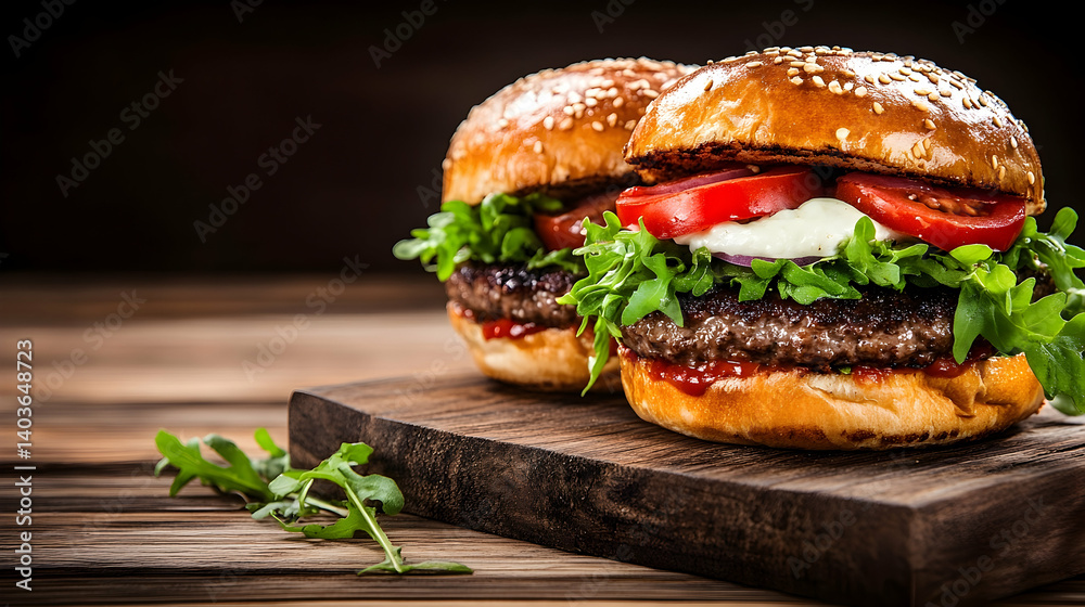 Two Juicy Gourmet Burgers on Rustic Wooden Board with Dark Background