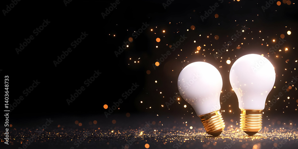 Two Lightbulbs On a Glittering Surface Creating a Sparkly Idea on Dark Background