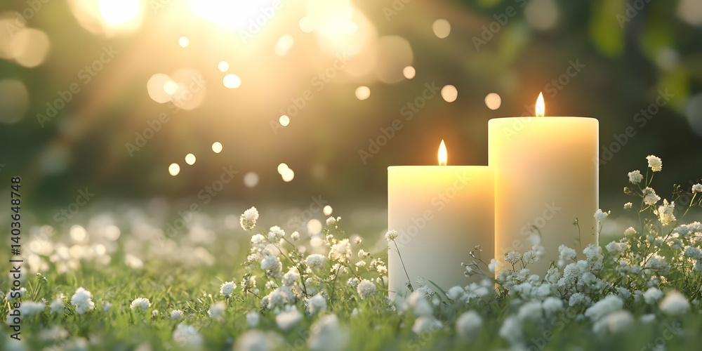 Two Lit Candles Amidst White Flowers On Green Grass Under Sunlight With Bokeh Background And Warm Lighting
