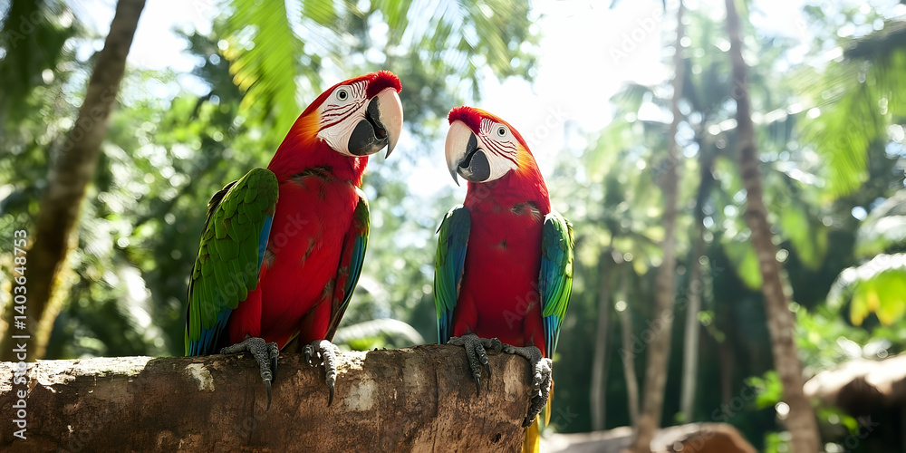 Two Macaw Parrots Perched on a Branch Displaying Vibrant Red Green and Blue Plumage Under Bright Sunlight with Lush Green Tropical Forest