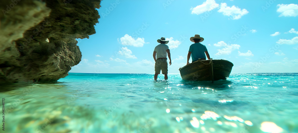 Two Men in Straw Hats Stand in Wicker Boat on Turquoise Shallow Ocean Waters near Rocky Coast on Sunny Day