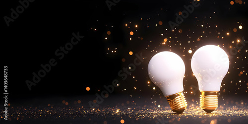 Obraz na płótnie Two Lightbulbs On a Glittering Surface Creating a Sparkly Idea on Dark Background w salonie