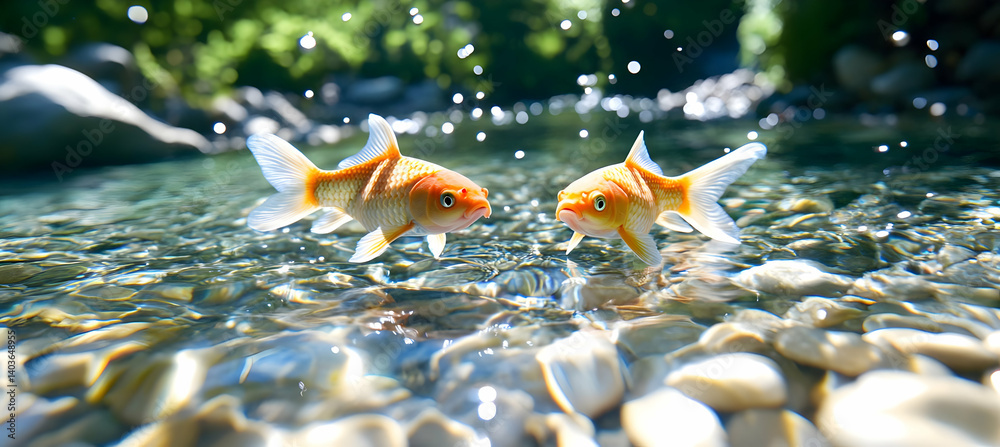 Two Orange and White Goldfish Swimming in a Clear Rocky Stream with Sunlight