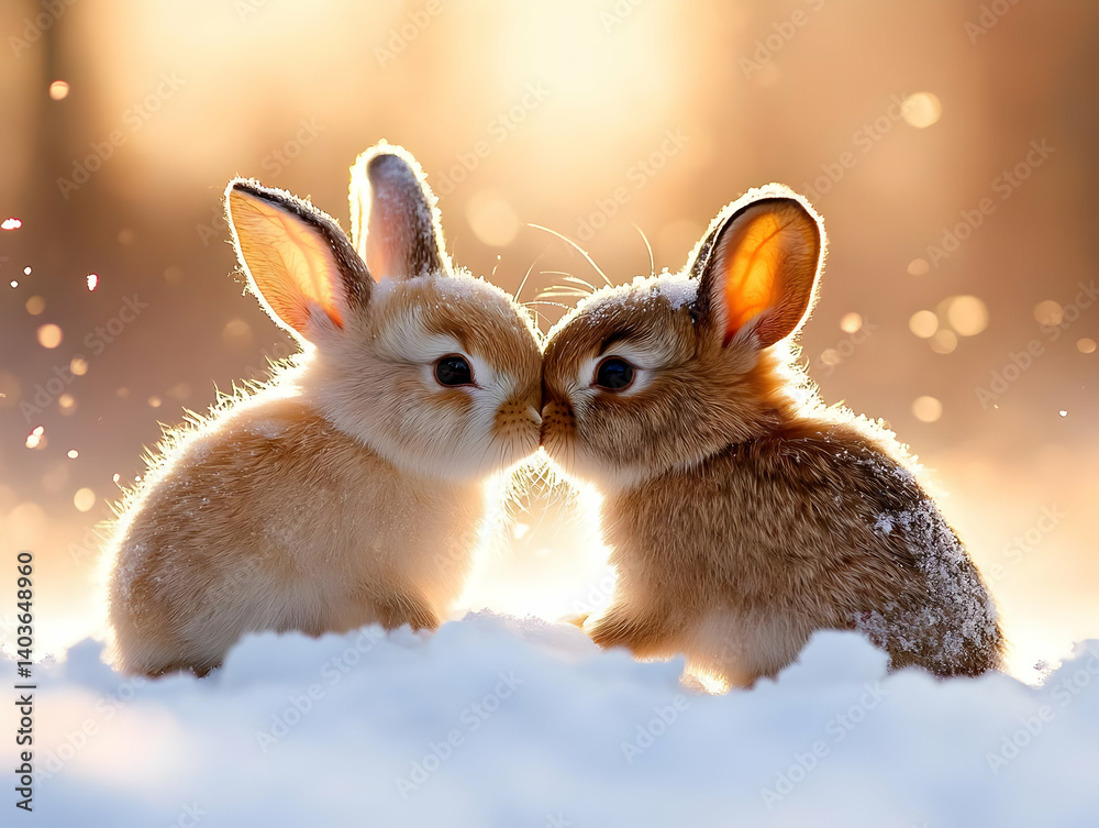 Two Orange Rabbits Near Each Other on Snowy Field in Cold Sunny Winter Outdoor Setting