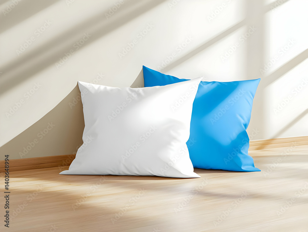 Two Pillows in White and Blue Leaning Against Wall in Interior with Soft Lighting and Minimalist Home Decor