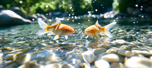 Obraz na płótnie Two Orange and White Goldfish Swimming in a Clear Rocky Stream with Sunlight w salonie