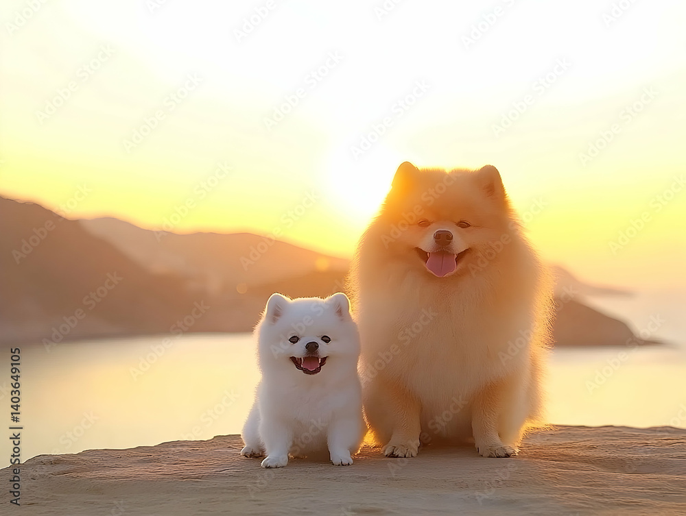 Two Pomeranian Dogs Sitting on Cliff at Sunset Landscape with Scenic Mountain and Golden Sky