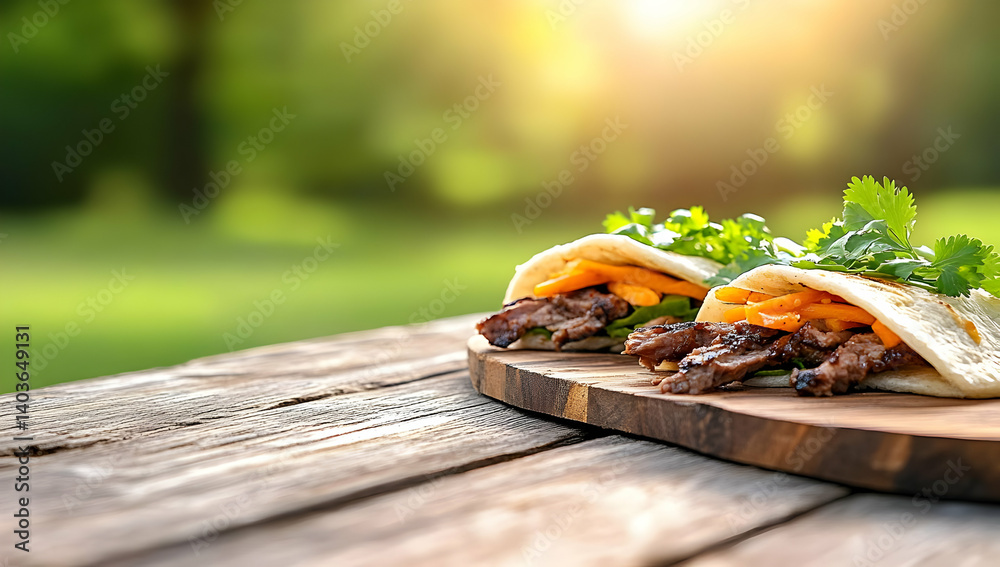 Two Pork Sandwiches with Cilantro on Wooden Board in a Sunny Green Outdoors Setting