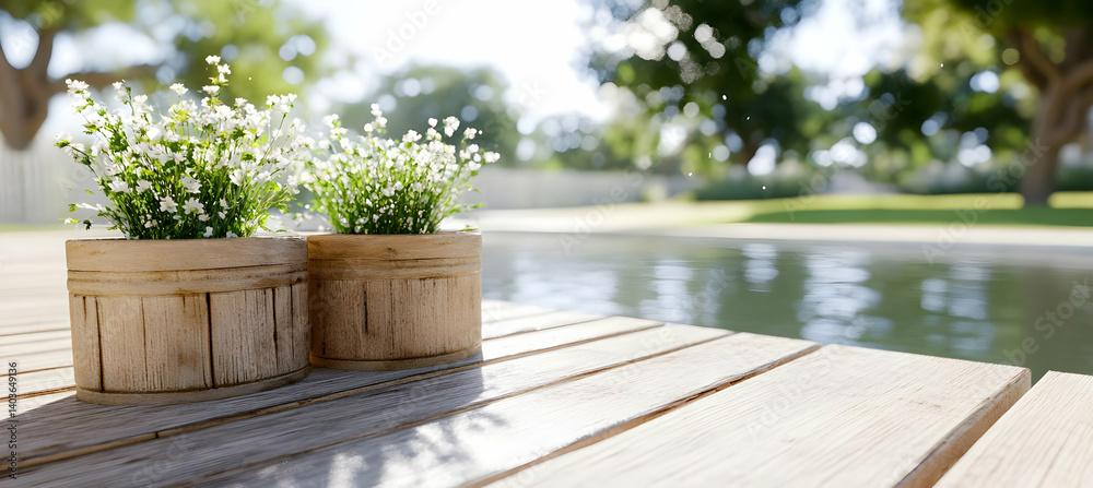 Two Potted White Flowering Plants on Wooden Deck with Water and Green Trees in Background During Sunny Day