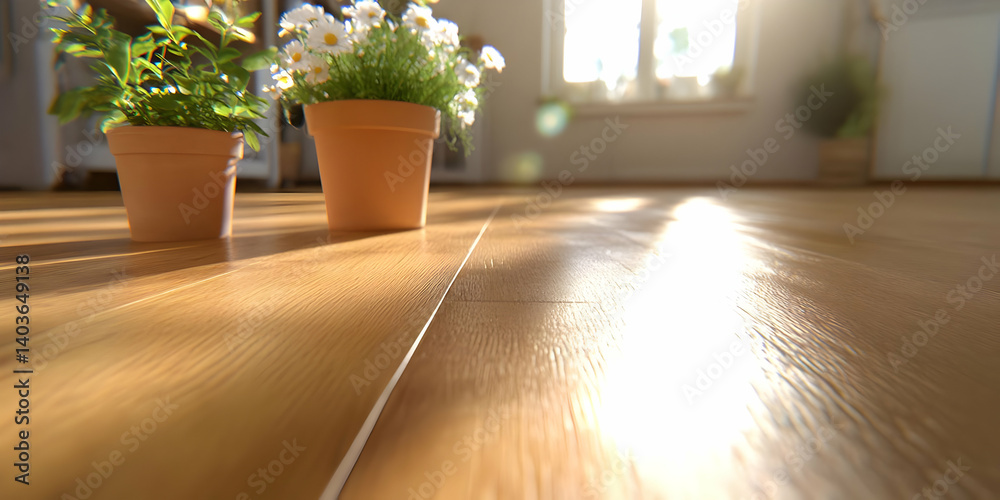 Two Potted Plants on Wooden Floor with Sunlight and Blurred Background Interior Design