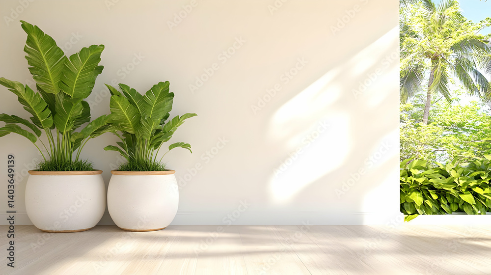 Two Potted Ferns with Green Leaves in a Minimalist Bright Room with White Walls and Wooden Floor