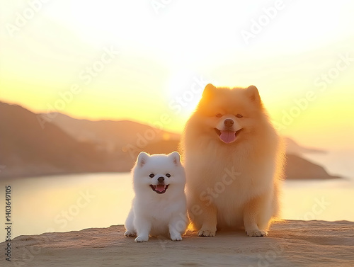 Obraz na płótnie Two Pomeranian Dogs Sitting on Cliff at Sunset Landscape with Scenic Mountain and Golden Sky w salonie