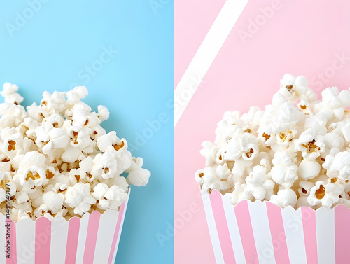 Two Popcorn Buckets Pink And Blue Striped Containers on Pastel Backgrounds