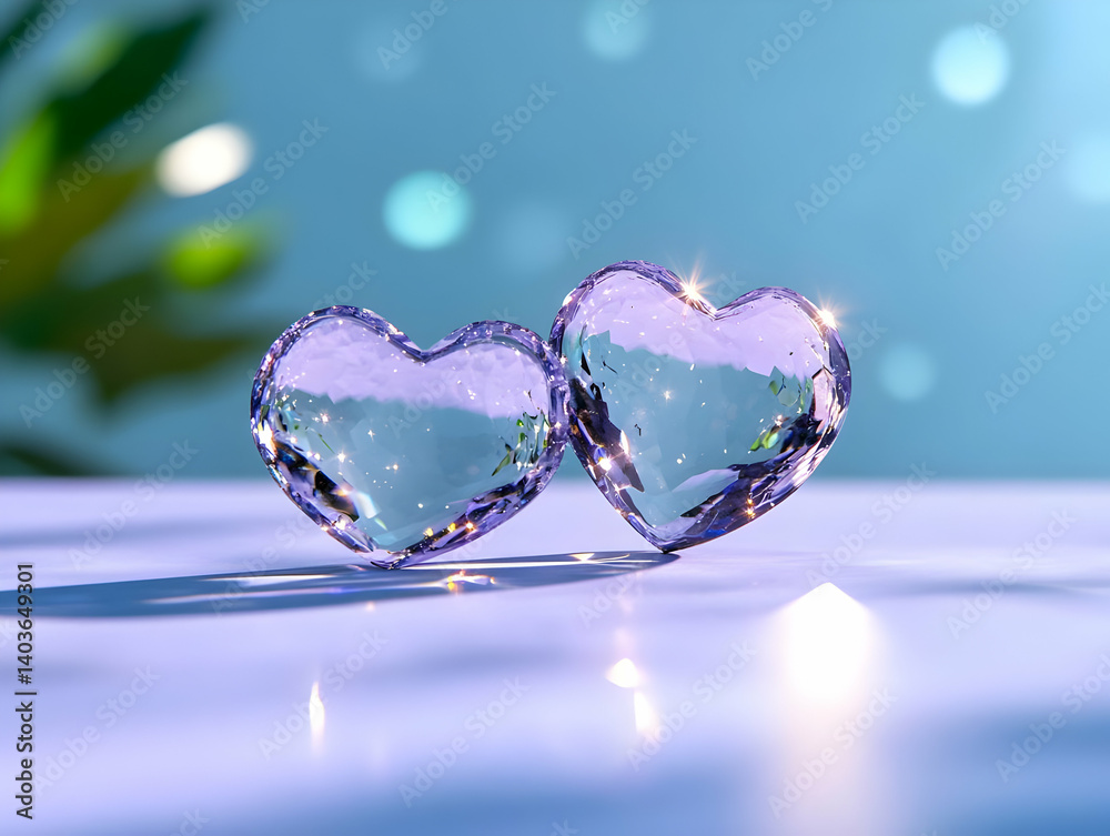 Two Shiny Glass Hearts Sparkling on a White Surface Against Blue Background