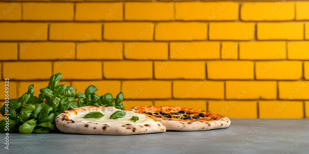 Two Small Pizzas on Gray Surface with Fresh Green Herbs Against a Textured Yellow Brick Wall in Warm Light