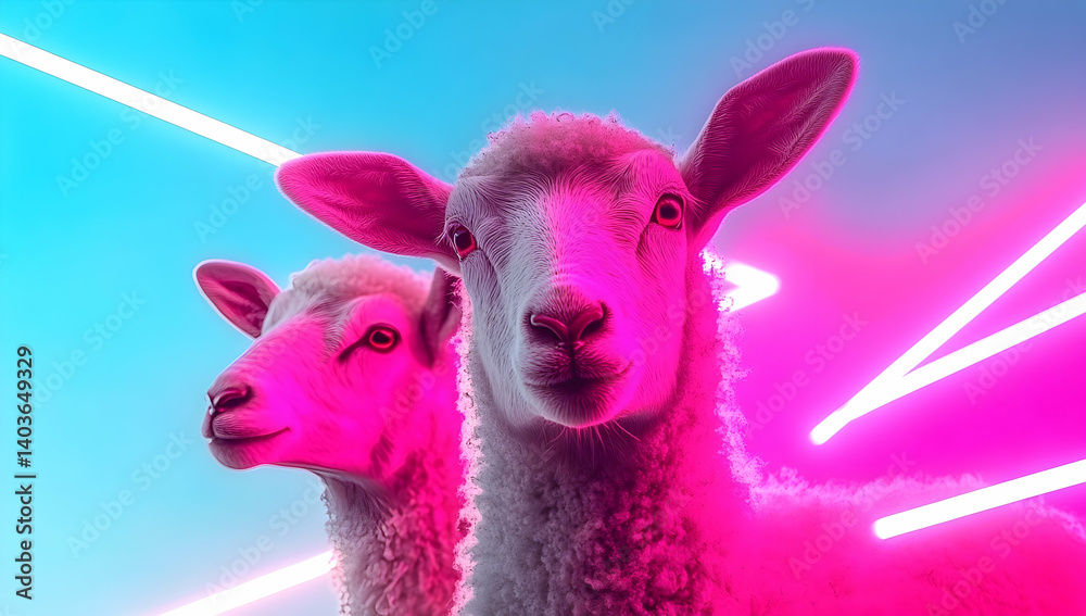 Two Sheep Portrait with Intense Pink and Blue Neon Lights Artistic Digital Illustration in Surreal Style