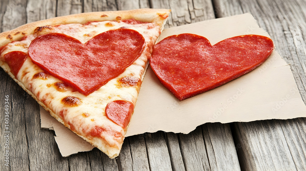 Two Slices of Heart Shaped Pepperoni Pizza on Wooden Table Valentines Day Celebration Food and Romantic Still Life