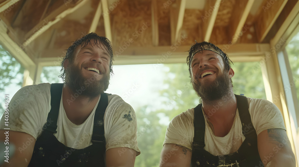 Two Smiling Construction Workers in Black Overalls Covered in Dust at Wooden Construction Site