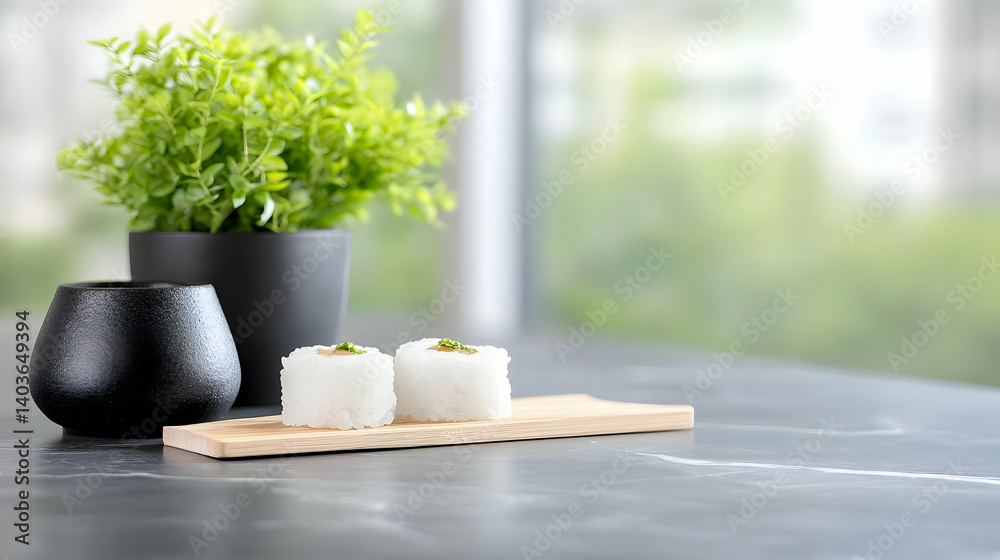 Two Small Sushi Pieces on a Wooden Board with Black Pot and Green Potted Plant on a Dark Table by the Window