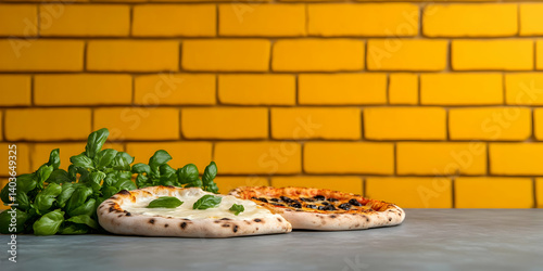 Obraz na płótnie Two Small Pizzas on Gray Surface with Fresh Green Herbs Against a Textured Yellow Brick Wall in Warm Light w salonie