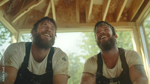 Obraz na płótnie Two Smiling Construction Workers in Black Overalls Covered in Dust at Wooden Construction Site w salonie