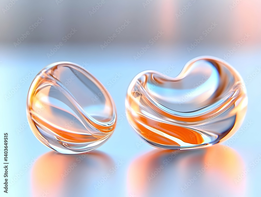 Two Transparent Glass Spheres with Orange Swirls on Reflective Surface for Modern Art and Decoration