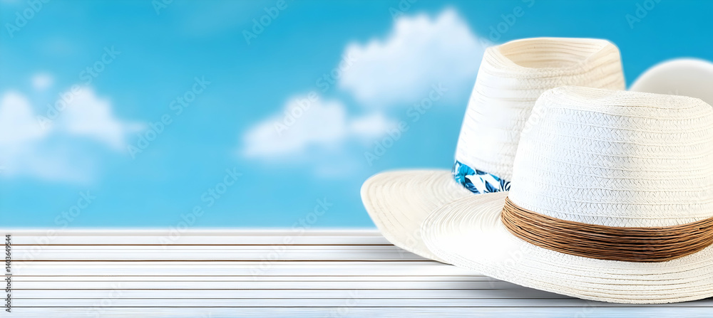 Two Straw Hats Placed on a White Wooden Surface Against a Blue Cloudy Sky in Bright Daylight