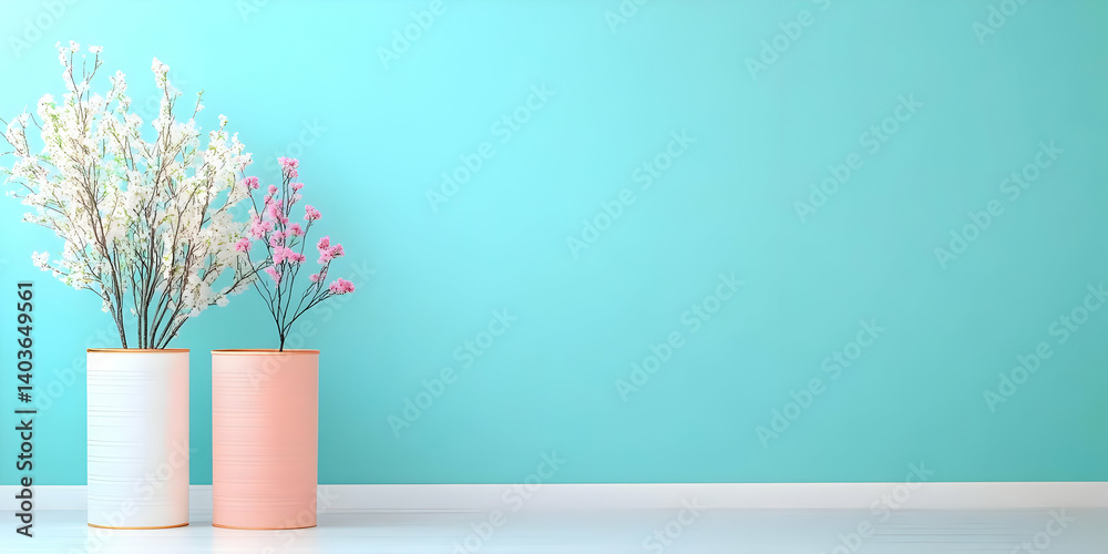 Two Vases with Blooming Branches Against a Turquoise Wall in Minimalist Interior Decor Style with Clean Lines and Elegant Decorative Arrangement