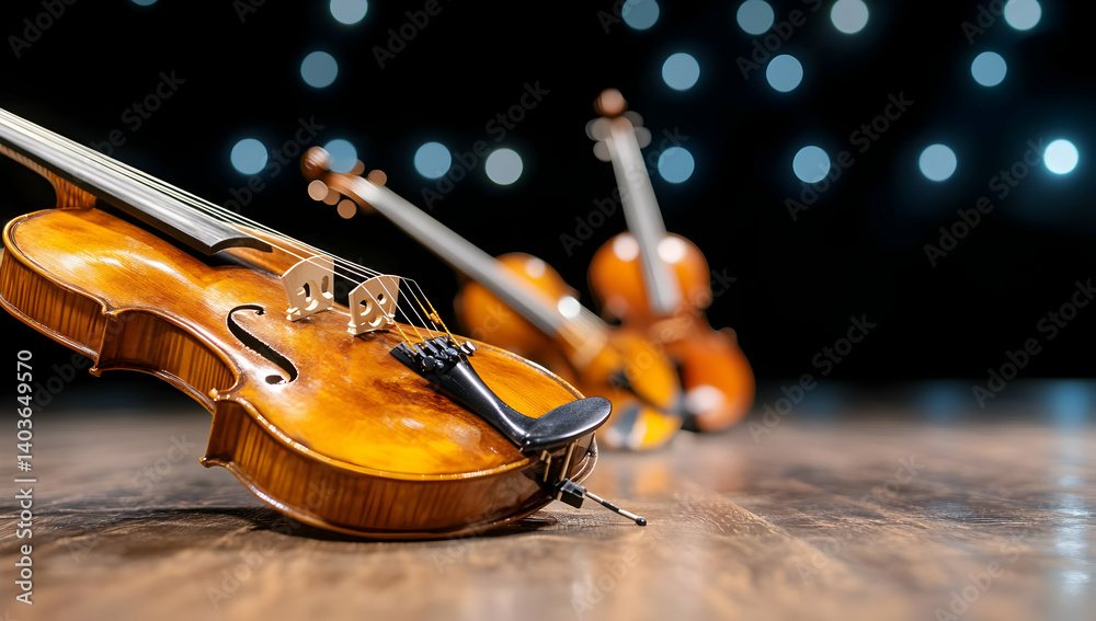 Two Violins on Wooden Stage Floor with Bokeh Light Backgrounds in a Dark Room