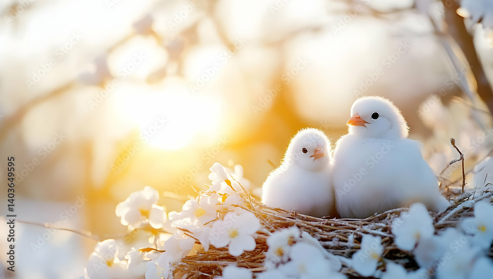 Two White Birds Nestling in Snowy Branches at Sunrise During Winter Season