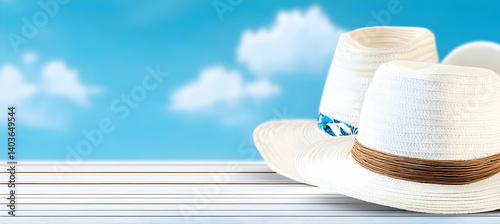 Obraz na płótnie Two Straw Hats Placed on a White Wooden Surface Against a Blue Cloudy Sky in Bright Daylight w salonie