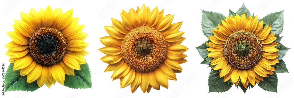 Fototapeta premium Set of beautiful sunflower flower Clipart top view isolated on a transparent background
