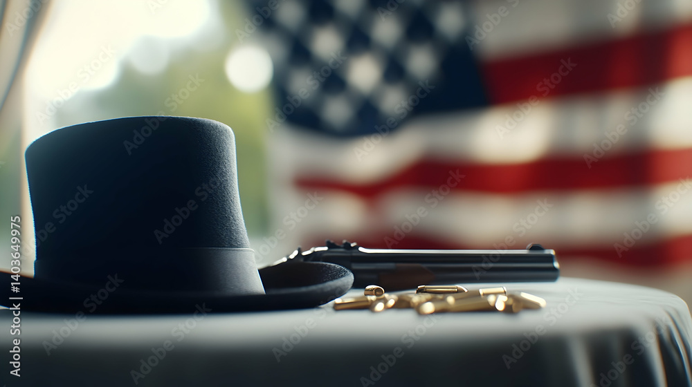 Obraz premium Uncle Sam Hat Displayed in Museum with Vintage Pistol and Gold Bullets Before American Flag