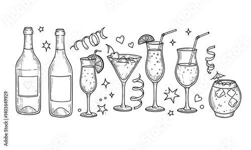 Hand-drawn cocktail glasses and wine bottles with hearts, stars, and festive party elements on white background