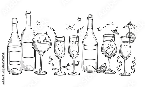 Hand-drawn cocktail glasses and wine bottles sketch with festive decorations isolated on white background