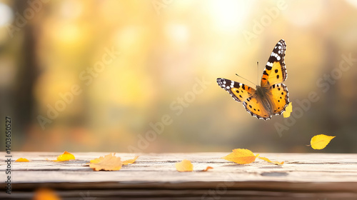 Vibrant Butterfly Taking Flight Among Scattered Autumn Leaves on Wooden Surface in Soft Sunlight