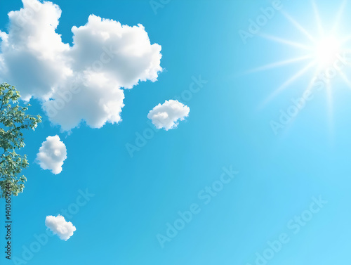 Vibrant Blue Sky with Fluffy White Clouds and Sunlight in a Peaceful Outdoor Scene Featuring a Green Branch and Leaves