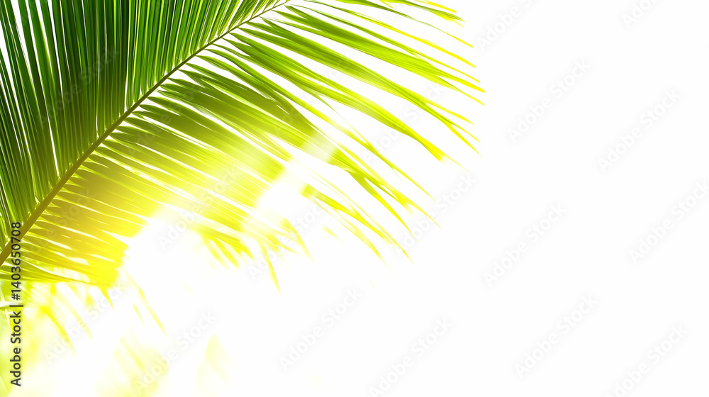 Fototapeta premium Vibrant Green Palm Leaves with Sunlit Glow on White Background Close up