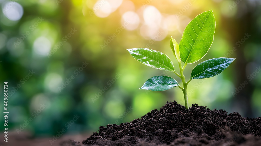 Vibrant Green Seedling Sprouts from Dark Soil Under Soft Sunlight Against Blurred Green Foliage Background