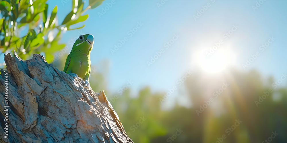 Vibrant Green Parrot Perched on Weathered Wood With Bright Sunlight Against a Clear Blue Sky in a Natural Setting